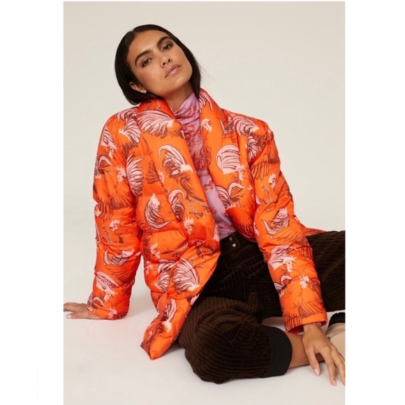 Anthropologie Rachel Antonoff Cocktail Bird Puffer Coat Winter Jacket Orange XS